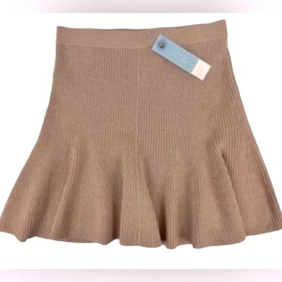 New Tanya Taylor Jennie Wool Rib Knit Skirt Size Large Taupe camel